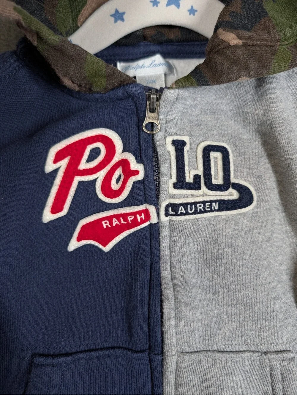 Polo Ralph Lauren Boys 24M Blue Gray Camo Polo Bear Hoodie Bodysuit 3pcs Lot